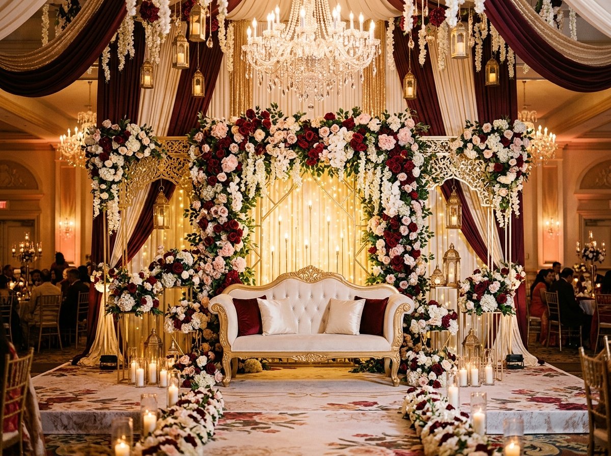Romantic luxury engagement ceremony stage decor with maroon velvet, gold lanterns, and lush flowers
